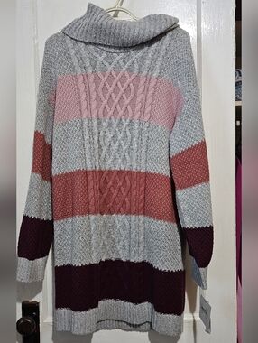 by & by Striped Cable Knit Tunic Sweater Dress- Gray, Pink, Rust, Burgundy